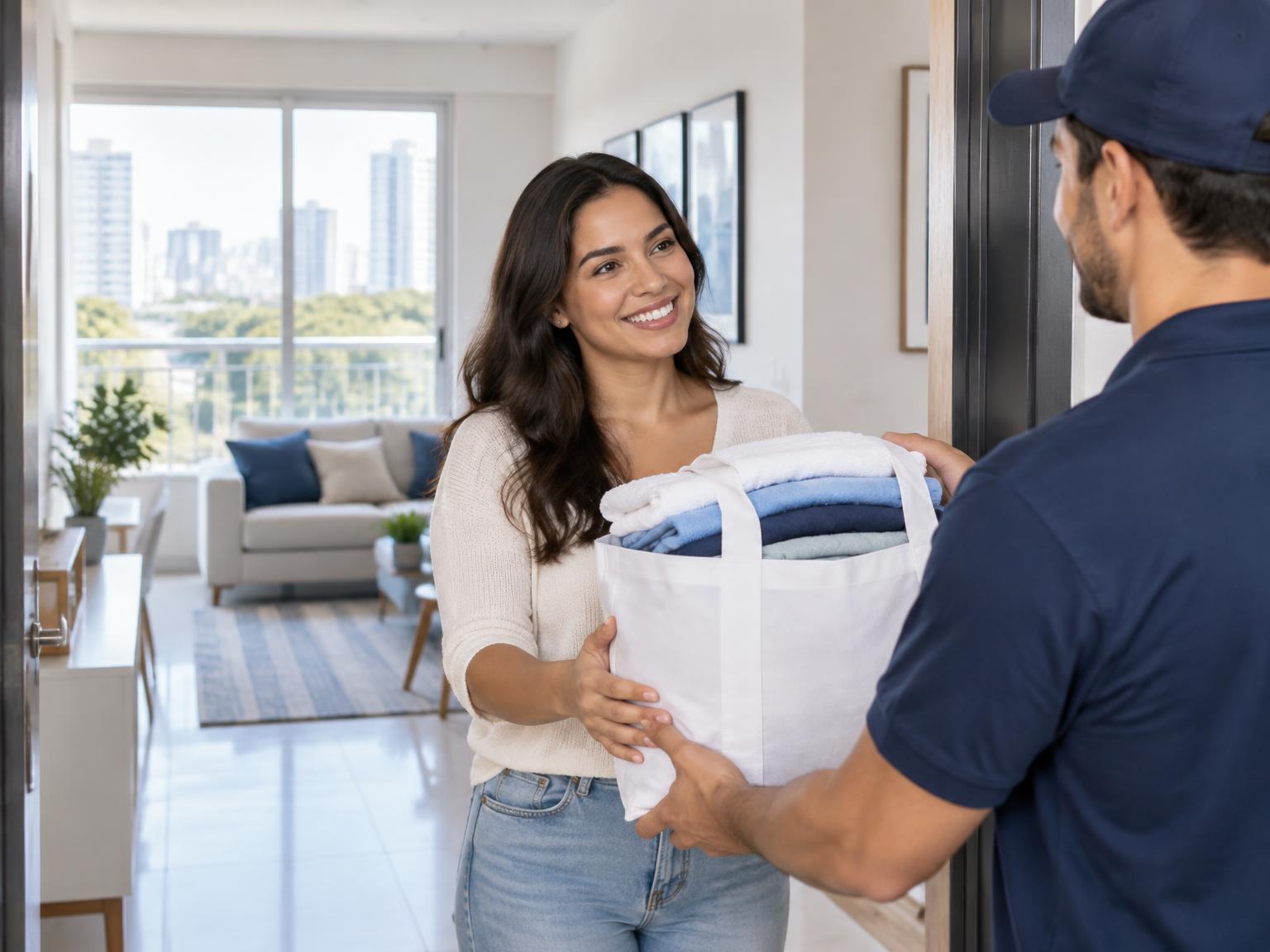 Cliente recebendo roupas limpas da LavaLeve em casa
